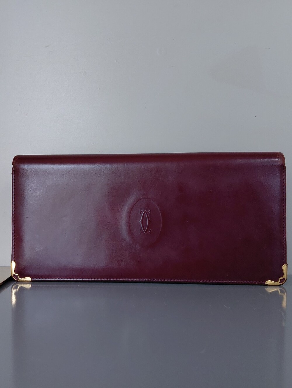 Cartier Burgundy Leather Long Wallet with Gold Corner Accents